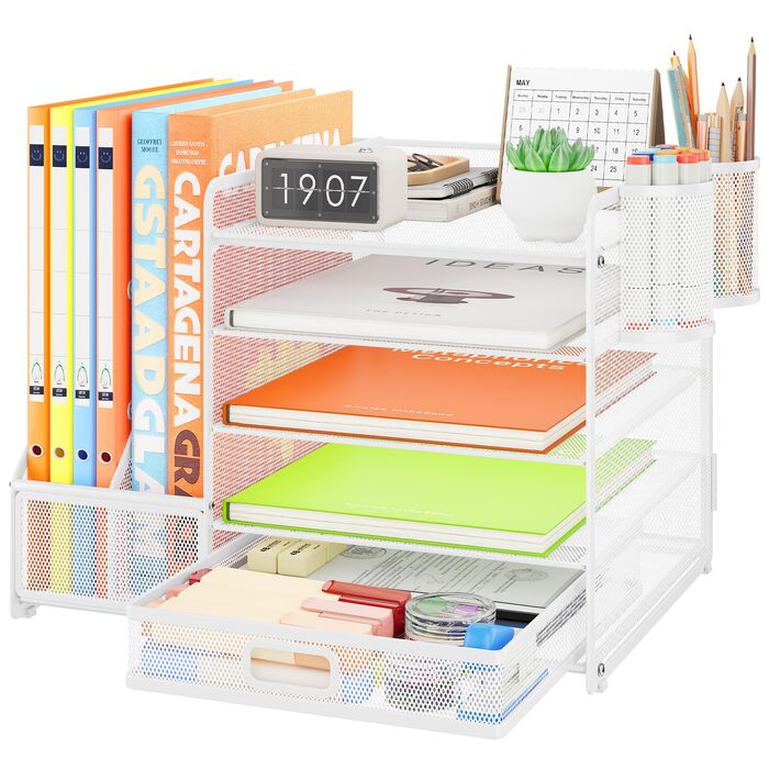 Органайзер для столу VITVITI, 5-ярусний лоток для листів з висувними шухлядами, тримач для файлів з 2 тримачами для ручок, офісний органайзер зі стоячими файлами, канцелярське приладдя для зберігання документів формату A4 (білий)