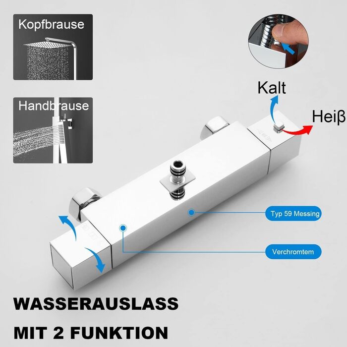 Змішувач для душу YOOZENA з термостатом, повний комплект змішувача для душа (верхній душ з нержавіючої сталі 304, душова лійка зі шлангом і кронштейном) душова система квадратна, тропічний душ з арматурою, хром.