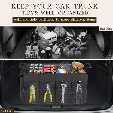 Органайзер для багажника автомобіля Beicarin, сумка для багажника, складаний органайзер з відділеннями та антиковзним дном (Чорний, розмір M) M(532x27 см)