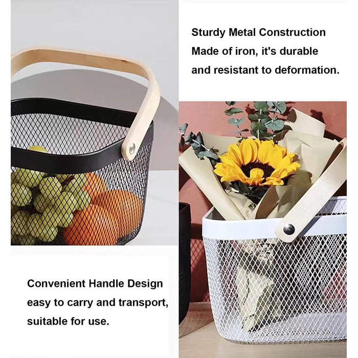 Дротяний кошик з ручкою, кошик для перенесення в стилі лофт, кошики для садового врожаю, квадратний кошик для зберігання, для ванної кімнати, кухні, пікніка, 2 предмети, 18 x 24,5 x 24,5 см (чорний)