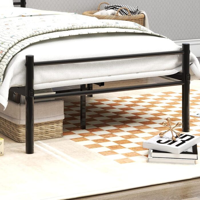 Металеве ліжко з рейковою основою, каркас ліжка, односпальне ліжко, чорний, 90x200 см, металеве ліжко 90 x 200 см, мінімалістичний каркас ліжка з узголів&39ям, гостьове ліжко з рейковою основою для спальні, гостьова кімната, чорний, 90 x 200 см