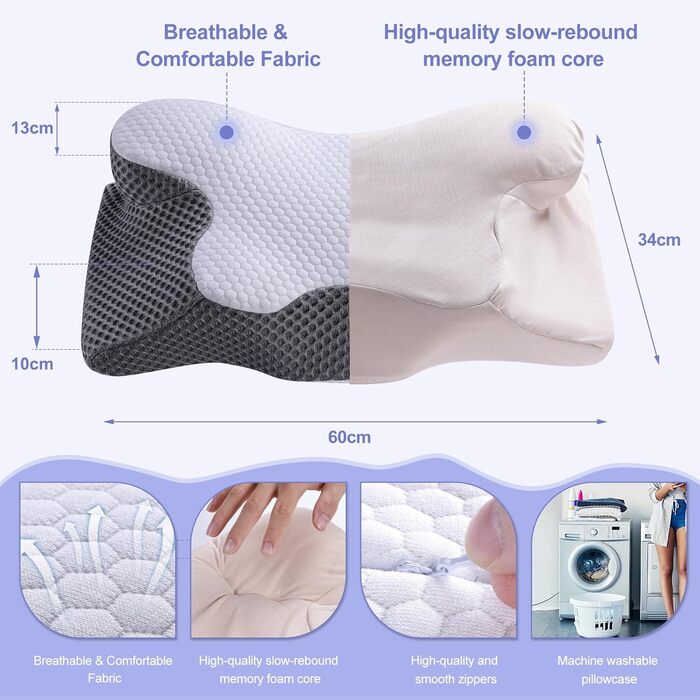 Ергономічна подушка для шиї, ортопедична подушка для голови з піни з пам&39яттю форми для сну на боці, спині та животі зі знімним чохлом, який можна прати (Стиль 1 60 * 34 * 13/10 см)