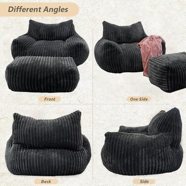 Великі крісла-мішки Generisch для дорослих, крісло для читання з пуфом, чорне крісло-мішок, зручне акцентне крісло, підходить для читання, ігор, комфортний плюшевий диван Cloud Lounge