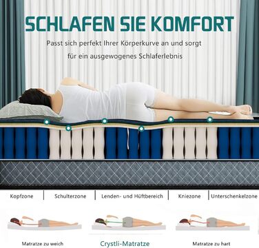 Матрац Crystli 90x200, 7-зонний гібридний матрац для зняття тиску та прохолоднішого сну, пружинний матрац, рівень жорсткості H3 з відмінною точковою еластичністю, висота матраца 25 см 25 см 90 x 200 см