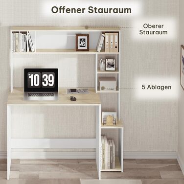 Письмовий стіл eSituro, комп&39ютерний стіл з 5 полицями, офісний стіл під біле дерево, ігровий стіл з місцем для зберігання, ПК-стіл для домашнього офісу, офісу, вітальні, 113,5x139x45 см білий дуб