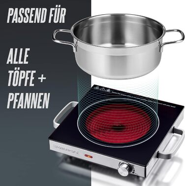Інфрачервона варильна поверхня HEINRICHS Склокерамічна варильна поверхня з інфрачервоним нагріванням, електричні варильні поверхні, що підходять для всіх каструль і сковорідок, 2000 Вт для кемпінгу/офісу/кухні/на відкритому повітрі/одиночна, одинарна вари