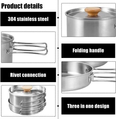 Набір посуду для кемпінгу з нержавіючої сталі каструля з кришкою та складаною ручкою, портативний посуд для туризму, походів, риболовлі та пікніків