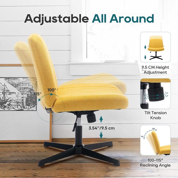 Широке офісне крісло COLAMY, м&39яке офісне крісло без підлокітників, поворотне крісло для домашнього офісу, функція гойдання 115, ергономічне комп&39ютерне крісло для домашнього офісу, макіяжу, ігор (хрестова основа, жовтий)