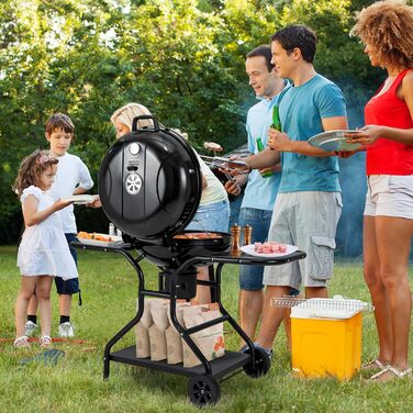 Мангал на вугіллі 57см з колесами, візок для барбекю на 2-6 осіб, піддон для вугілля з золовловлювачем, бічні полиці, гачки, зольн