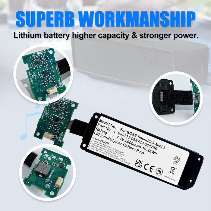 Батарейка для Bluetooth-колонки Bose SoundLink Mini 2, запасна батарейка для Bose SoundLink Mini II, сумісна з Bluetooth-колонками Bose 088772, 088789, 088796, 080841. - В комплекті друкована плата, пайка не потрібна.