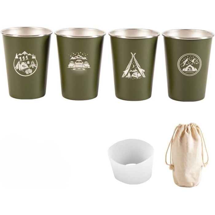 Набір із 4 кавових чашок об&39ємом 350 мл з нержавіючої сталі 304 для кемпінгу на відкритому повітрі з силіконовим чохлом та сумкою для зберігання