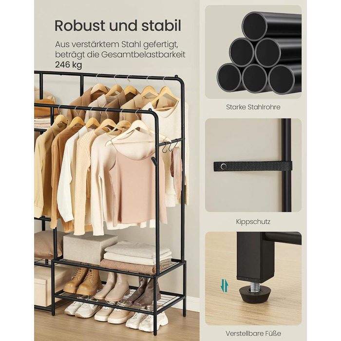 Вішалка для одягу SONGMICS, Відкрита шафа, Вішалка для пальто з 9 полицями, Металевий каркас, Штанга для одягу, для спальні, вітальні, вхідної зони, Чорний HSR183B01 Чорний 195W см