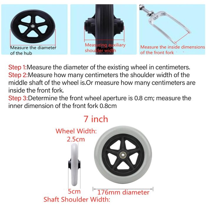 Передні колеса інвалідного візка, 7-дюймові гумові одинарні колеса якості Front Caster Зносостійкі, неслизькі, міцні передні колеса інвалідного візка