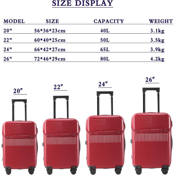 Валіза ручна поїздка з коліщатками 360 та тримачем для напоїв, червона, 20 дюймів