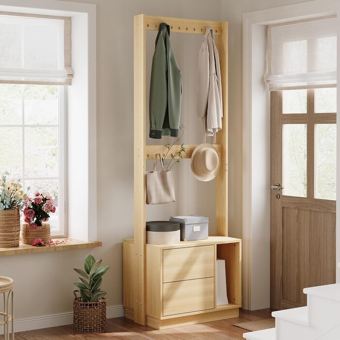 Відкрита вішалка для одягу Caldion з 2 шухлядами, 60x40x175 см, окремостояча вішалка для одягу з гачками, 2 полиці для підвішування, МДФ, шухляди з 2 висувними шухлядами, дизайн для коридору, спальні, передпокою