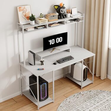 Письмовий стіл Devoko 120 x 60 x 162 см, стіл з місцем для зберігання, комп&39ютерний стіл з полицею та підставкою для монітора, ПК-стіл для домашнього офісу, білий 120 x 60 см