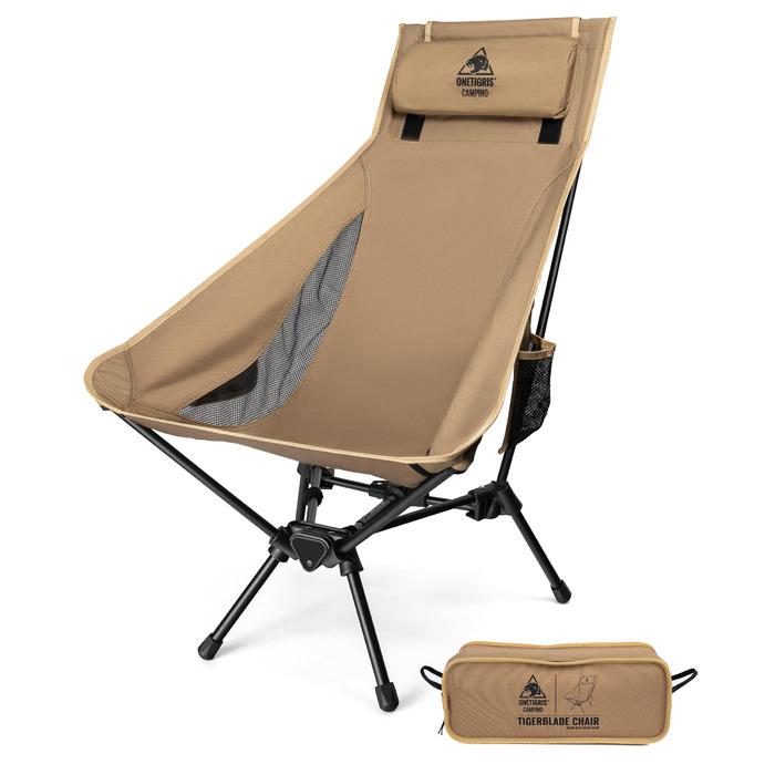 Крісло для кемпінгу OneTigris TIGERBLADE, висока спинка, складне, вантажопідйомність 150 кг, легка трикутна рама, складне рибальське крісло з 2 боковими кишенями, надлегке складне крісло для використання на свіжому повітрі, для походів, колір койот-коричн