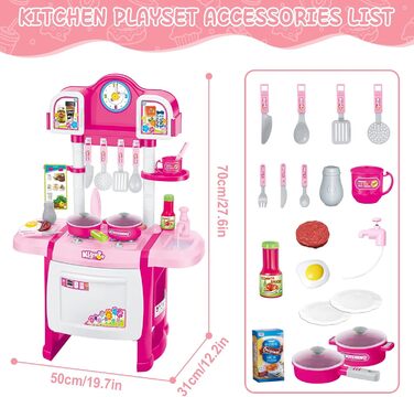 Мініатюрний кухонний набір deAO My Little Chef, рольова гра зі світлом і звуками, елементами води та 18 аксесуарами (рожевий)