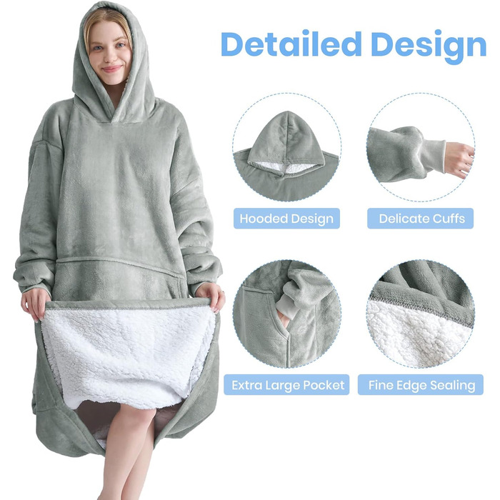 Ковдра Good Nite з рукавами велика шерпа-флісова ковдра для жінок та чоловіків, портативна тепла ковдра з кишенями, дорослий затишний светр-толстовка сірого кольору 90x130 см сірого кольору - подвійний фетр
