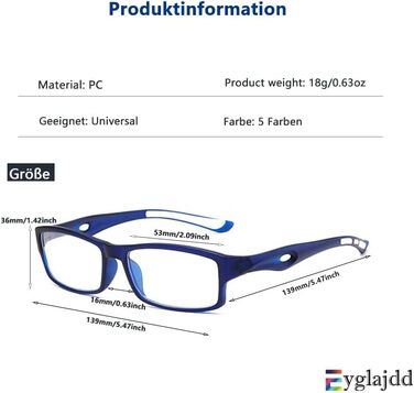 Спортивні окуляри для читання Eyglajdd для жінок, чоловіки, легкі прямокутні окуляри для читання, 5 упаковок синіх світлоблокуючих окулярів 1.50 чорний, синій, сірий, білий помаранчевий, чорний білий 1.5 x