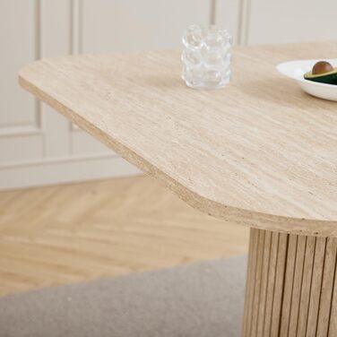 Сучасний обідній стіл на 4-6 осіб, прямокутний кухонний стіл 160 см (травертин) з важкою основою-тумбою для вітальні, кухні, квартири, жовтий