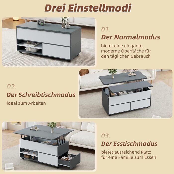 Журнальний столик Merax, стіл для вітальні з регульованою висотою, багатофункціональний журнальний столик 3-в-1 з прихованим місцем для зберігання, шухлядами та коліщатками, що трансформується в обідній стіл, диван-стіл для домашнього офісу, сіро-білий 10