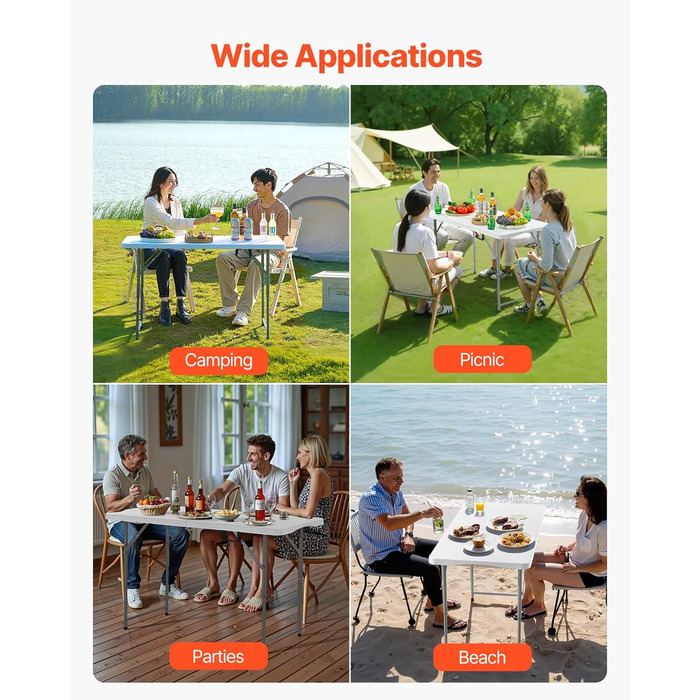 Розкладний фуршетний стіл VEVOR, портативний універсальний стіл, 122 см, прямокутний пластиковий стіл з регульованою висотою та вбудованою ручкою, садовий стіл, кемпінговий стіл для вечірок, пікніків, кемпінгу, білий, 1220 x 600 x 740 мм