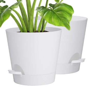 Квітковий горщик 20,3 см, пластиковий квітковий горщик із системою поливу, 2 горщики для рослин, сучасний для кімнатних та балконних садових рослин, сукулентів, кактусів (білий) Білий 20,3 см