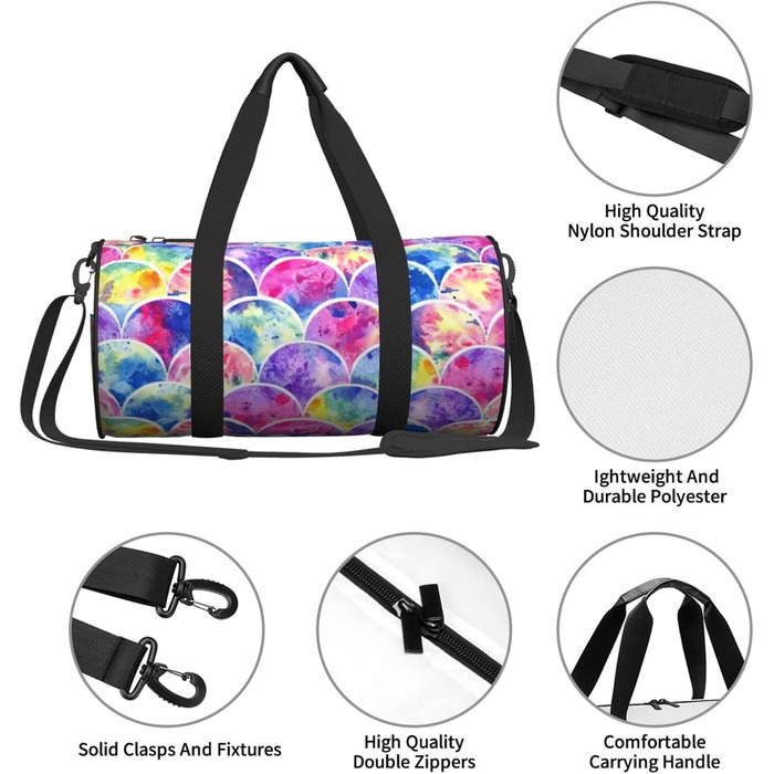 Спортивна сумка-мішок для подорожей, барвистий дизайн Райдуга та принт Русалка, чорний колір, універсальний розмір, дорожня сумка