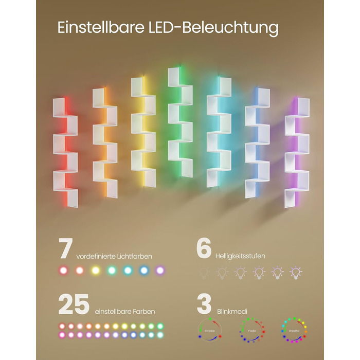 Кутова полиця VASAGLE зі світлодіодним освітленням, 5-рівнева настінна полиця, плаваюча книжкова полиця, книжкова шафа, полиця для рослин для спальні, вітальні, ванної кімнати, домашнього офісу, матово-білий колір LBC630W01