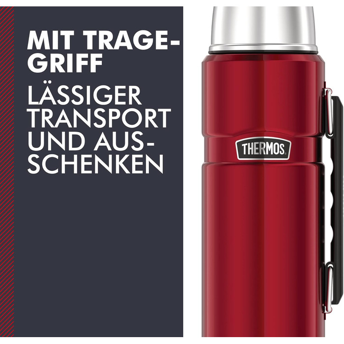 Термос-пляшка Thermos Stainless King, червона, 1,20 л - нержавіюча сталь, абсолютно герметична, з чашкою для пиття та ручкою, зберігає напої гарячими 12 годин та холодними 24 години, можна мити в посудомийній машині, без BPA, журавлина 1200 мл