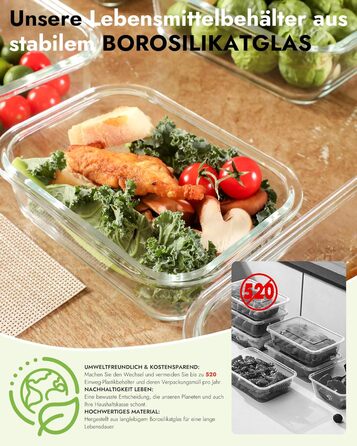 Скляні контейнери з кришками, набір з 12 шт. , високий вміст боросилікату, придатні для використання в мікрохвильовій печі, придатні для використання в духовці - 20510, з клапаном, можна мити в посудомийній машині ідеально підходить для контейнерів для зб