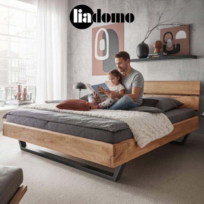 Каркас ліжка Болонья, спальне місце 180x200 см, каркас та узголів&39я з масиву акації в кольорах дерева, регульована глибина матраца, чорна металева основа 180 x 200