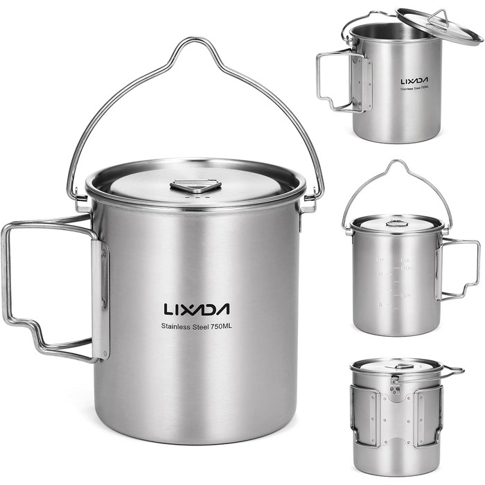 Кемпінговий горщик, горщик з нержавіючої сталі об&39ємом 750 мл, портативний стаканчик для води, кухоль з кришкою та складною ручкою, для активного відпочинку, кемпінгу, приготування їжі, пікніка