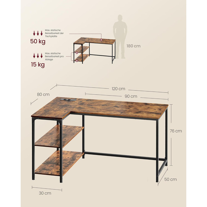 Г-подібний кутовий стіл, комп&39ютерний стіл з місцем для зберігання, офісний стіл, полиця з регульованою висотою, для домашнього офісу, з 2 розетками змінного струму та 2 USB-портами, 120 x 80 см, вінтажно-коричневий LWD132KD01 Подовжувач живлення 120 x 