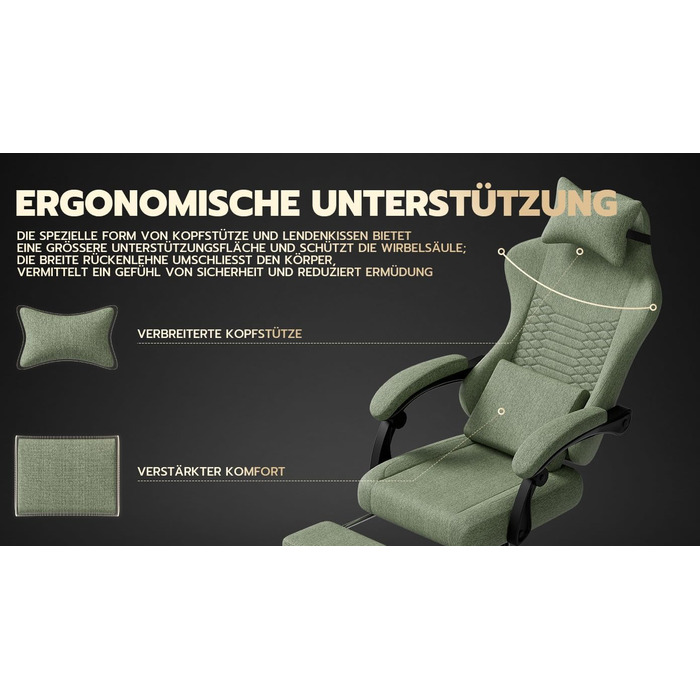 Ігрове крісло Тканинне офісне крісло, масажне ігрове крісло з підголівником, ергономічне гоночне ігрове сидіння з підставкою для ніг, 60 * 60 * 120 см (зелене)