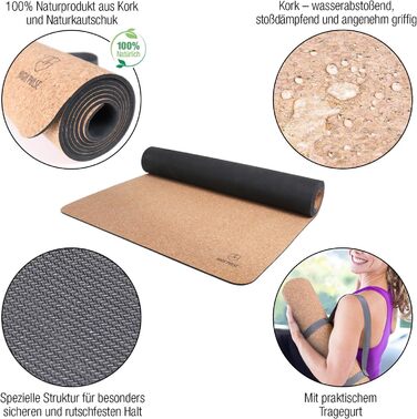 Килимок для йоги з високим пульсом, виготовлений з корку та гуми ремінь для перенесення 100 натуральний, екологічно чистий та біорозкладний нековзний килимок для вправ з корку
