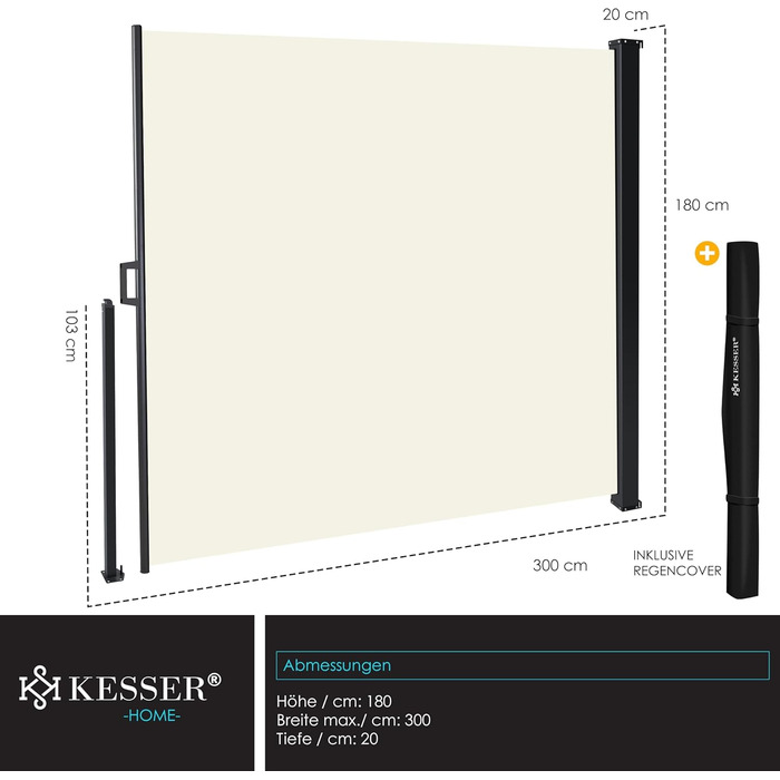 Розсувна бічна маркіз KESSER 180 x 300 см, непрозора, захист від вітру та конфіденційності для саду, балкону та тераси, бічна рулонна штора з настінним кріпленням, вкл. захист від негоди та монтажні аксесуари, бежевий 300 x 180 см
