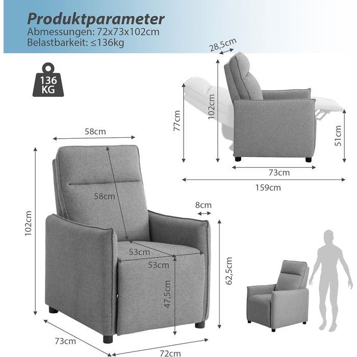 Крісло-реклайнер з регульованою спинкою, стильне темно-сіре крісло для відпочинку, крісло-реклайнер, крісло для телевізора, сірий поліестеровий дерев&39яний диван, шезлонг для вітальні, крісло для телевізора, диван для кінотеатру, 72 x 73 x 102 см