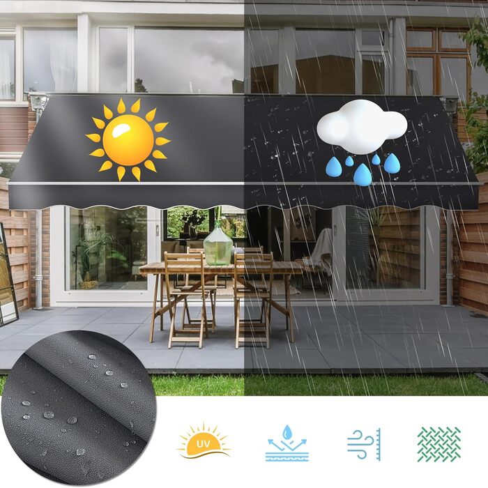 Тент на балкон з кріпленням на скобах, сонцезахисний козирок, складний тент з ручним приводом, сонцезахист, водонепроникний, пилонепроникний, регульована висота (темно-сірий, 3 * 2,5 м) 3 * 2,5 м темно-сірий