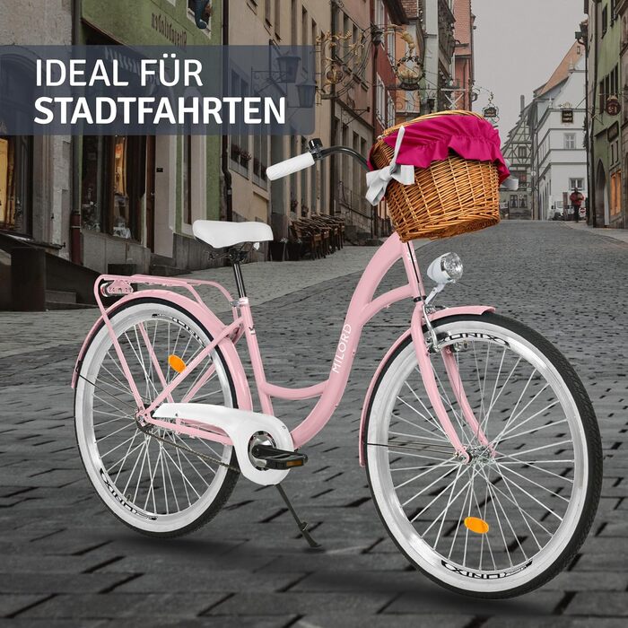 Жіночий міський велосипед MILORD Comfort з плетеним кошиком, вінтажний, 26, 28 дюймів, 1 швидкість, рожевий, 26 дюймів