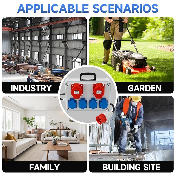 Розподільна коробка для будівельного майданчика, комплект розподільчої коробки 16A, BKV 2/4, водонепроникний розподільник живлення IP44/IP54 з розеткою та ручкою для перенесення, кабель 2 м, для використання всередині та зовні приміщень, 6 портів (з двома