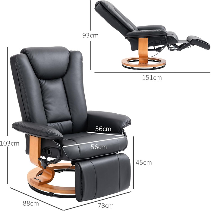 Крісло для телевізора HOMCOM з функцією відкидання, поворотне крісло для телевізора з регульованою спинкою, витримує до 150 кг, штучна шкіра, чорний колір