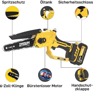 Міні-бензопила 6 дюймів з 2 акумуляторами 3.0Ah, безщіткова міні-бензопила IMOUMLIVE з автоматичною маслянкою, ручна бензопила акумуляторна для обрізки ножиці сучкорізи різання деревини