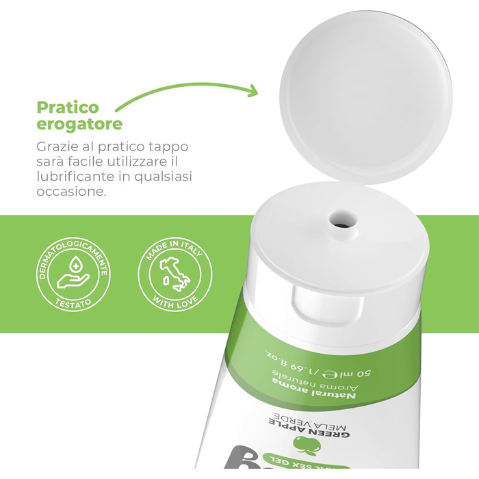 Їстівний лубрикант на водній основі, нежирний та не залишає плям, зі смаком зеленого яблука, 50 мл