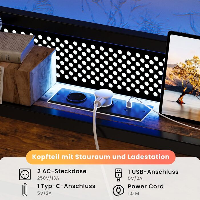 Ліжко IRONCK 140x200 см, Каркас ліжка 140x200 зі світлодіодним освітленням та зарядною станцією (2 розетки, 1 USB та 1 порт Type-C), Металеве ліжко, Двоспальне ліжко, Дитяче ліжко з рейковою основою, Місце для зберігання під ліжком