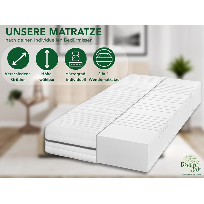 Матрац DREAMSTAR Vital Silver XXL з холодної піни, висота 24 см Ергономічний 7-зонний матрац, 90 x 200 см, рівень жорсткості H3 Гіпоалергенний та антибактеріальний Знімний чохол, який можна прати Сертифіковано Oeko-Tex (24 см, 90 x 200 см) H3 90 x 200 см