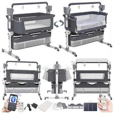 Дитяче ліжечко Magic ZC Electric Bluetooth з колесами, розкладне, що трансформується, для спільного сну, пульт дистанційного керування, 5 гойдалок, колиска-колиска з музикою (601 сірий)