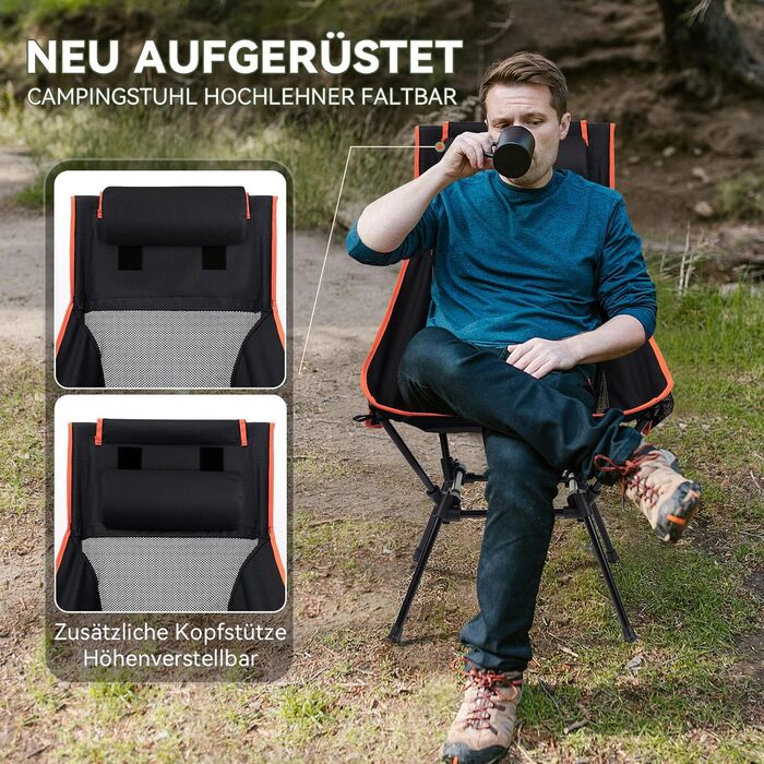 Складане кемпінгове крісло з високою спинкою, вантажопідйомність 150 кг, надлегке портативне складне крісло з підголівником та 2 боковими кишенями, компактне складне рибальське крісло з сумкою для перенесення для кемпінгу, пляжу, активного відпочинку та п