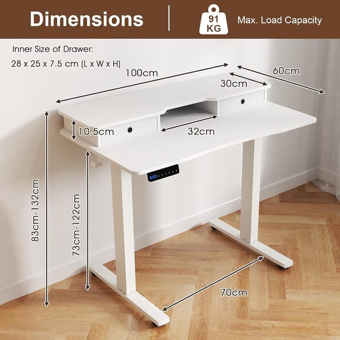 Письмовий стіл з регульованою висотою, електричний стіл для роботи стоячи з підставкою для монітора, 2 шухляди, 2 гачки, невеликий комп&39ютерний стіл з регульованою висотою від 73 до 122 см, для навчання та офісу (білий)